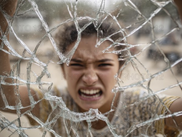 Ein Teenager schreit wütend durch eine kaputte Fensterscheibe, Aggressives Verhalten, Psychologie, Stressverhalten, Pubertät, Sozialverhalten, KI generiert