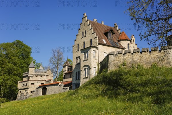Lichtenstein Castle, fairytale castle of Württemberg, romantic fairytale castle on the eaves of the Swabian Alb, historicism, architecture, new building 1840-1842, according to plans by architect Carl Alexander Heideloff, 19th century, Honau, municipality of Lichtenstein, Baden-Württemberg, Germany