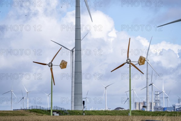 Mini wind turbines, from the Dutch company Ecoways EAZ wind turbine, produces up to 15 kW power and up to 45, 000 KW electricity per year, for self-consumption, intended primarily for farms, rotors made of wood, from forests in the Netherlands, easy to recycle, quick and easy to set up, for cheap power supply in the countryside, behind it large wind turbines of a wind farm near Eemshaven, Netherlands