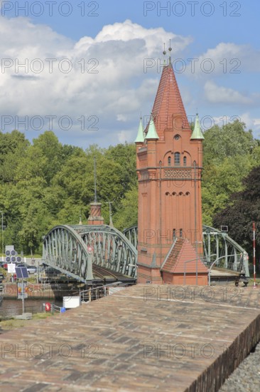 Tower of the lift bridge over Hansahafen and Klughafen, arch bridge, Marstallweg, Old Town, Lübeck, Schleswig-Holstein, Germany