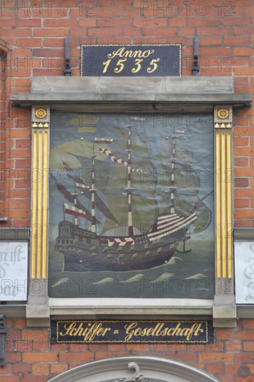 Painting with sailing ship and year at the entrance to the Schiffergesellschaft restaurant, Schiffer-Gesellschaft, inscription, detail, Old Town, Lübeck, Schleswig-Holstein, Germany