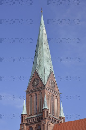 Tower of the UNESCO Gothic Cathedral of St Mary and St John, Brick Gothic, Brick church, Schwerin, Mecklenburg-Western Pomerania, Germany