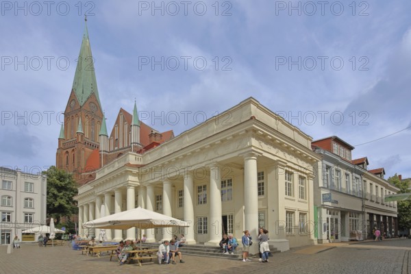 UNESCO Cathedral of St Mary and St John and New Building with Columns, Pedestrian, Columned building, Brick Gothic, Brick church, Am Markt, Schwerin, Mecklenburg-Western Pomerania, Germany