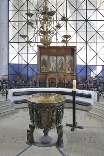 Baptismal font, chandelier and candle, interior view, gothic, cathedral, Lübeck, Schleswig-Holstein, Germany