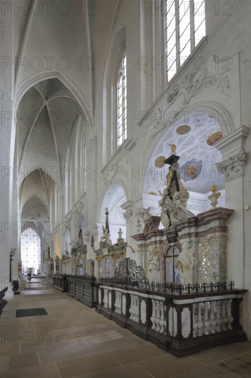 Side aisle with tombs from the Gothic cathedral, interior view, tombs, Lübeck, Schleswig-Holstein, Germany