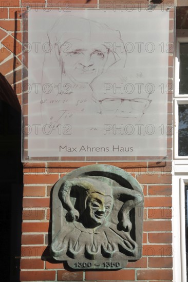 Figure with Till Eulenspiegel and lifetime, year, painting, Max Ahrens Haus, Mölln, Schleswig-Holstein, Germany