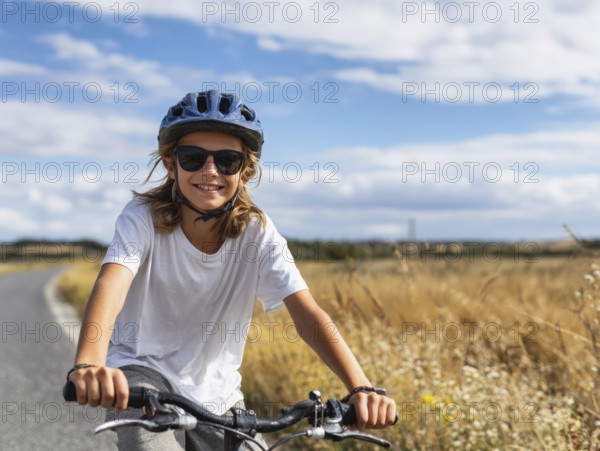 A girl with a bicycle helmet rides a bicycle and smiles friendly into the camera, AI generated, AI generated