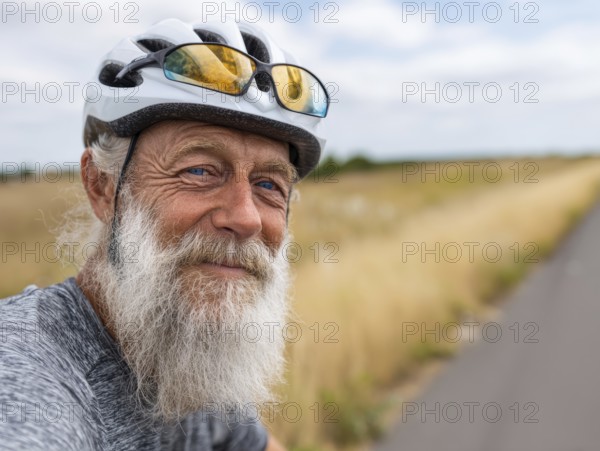 A man, senior citizen with a bicycle helmet rides on a bicycle and smiles friendly into the camera, AI generated, AI generated