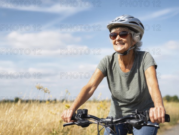 An elderly lady, a senior citizen with a bicycle helmet, rides a bicycle and smiles in a friendly manner, AI generated, AI generated