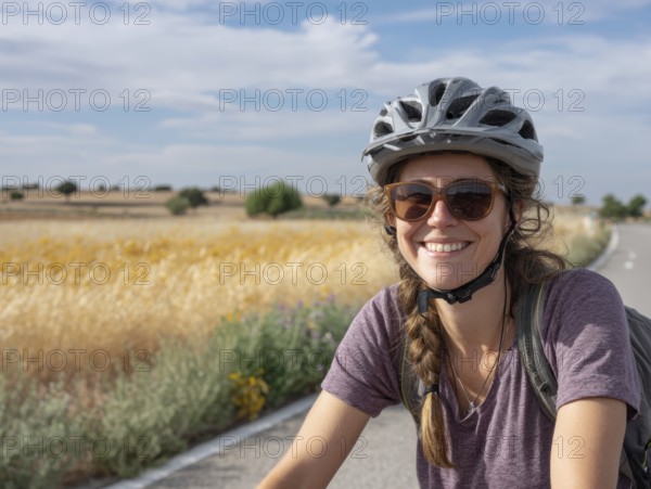 A young woman with a bicycle helmet rides a bicycle and smiles friendly into the camera, AI generated, AI generated
