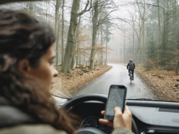 A car driver looks at her smartphone while driving and puts herself and the cyclist in front in danger. Carelessness, recklessness, distraction in road traffic, accident risk, AI generated, AI generated