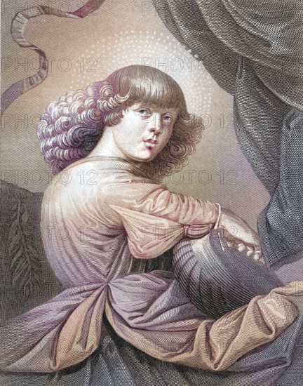 Angel making music with a guitar, A boy with curly hair looks at the viewer, in a colourful robe, after a painting by Melozzo da Forli, digitally restored reproduction of an old original, Historical, exact date unknown