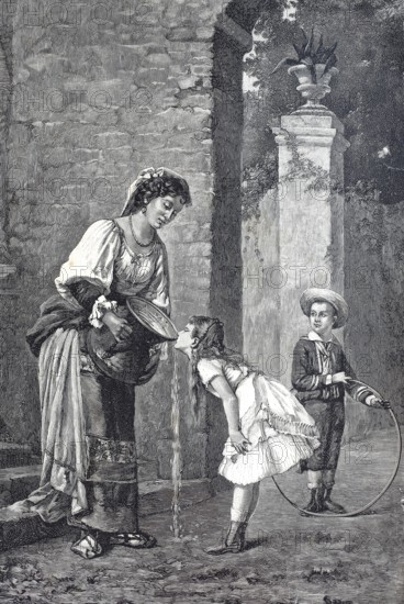 Great Thirst, Woman Letting Girl Drink Water from a Large Jug, c. 1860, A woman pouring water while a girl drinks, a boy with a tyre in the background, Florence, after a painting by Niccolò Cecconi, digitally restored reproduction of an old original, historical, exact date unknown
