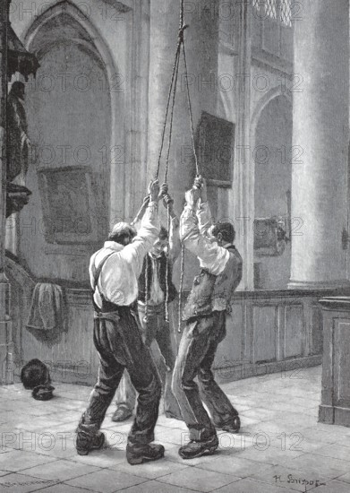 Men ringing bells with a rope, Germany, historical wood engraving, coloured wood engraving, reproduction of an original from ca 1888, Historical, Three men pulling ropes to ring church bells, Whitsun, Whitsun ringing, digitally restored reproduction of an old original, exact date unknown