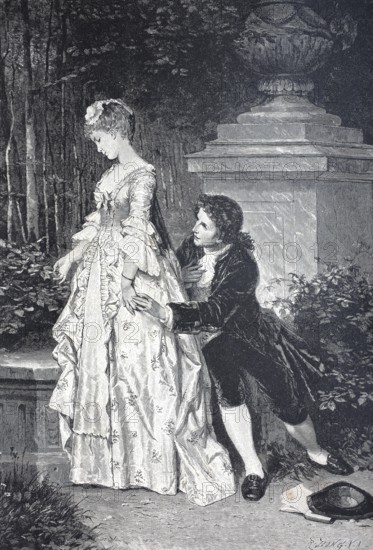 Difficult decision, young man proposes to a woman who has not yet decided whether she wants it, A man kneels in front of a woman in an elegant dress in a wooded garden, c. 1850, France, Digitally restored reproduction of an old original, Historical, exact date unknown