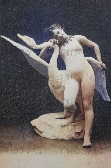 Female nude from around 1899, erotic postcard, playgirl, woman posing nude with swan sculpture in antique style, coloured, reproduction from a photo around the turn of the century, historical, digitally restored reproduction of an old original, exact date unknown