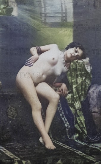 Nude woman from around 1899, erotic postcard, Playgirl, Naked woman resting on fabric, dream state, antique effect, coloured, reproduction from a photo around the turn of the century, historical, digitally restored reproduction of an old original, exact date unknown