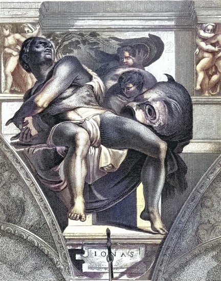 Jonah, prophets in the Tanakh, biblical story, depiction from the Sistine Chapel, Michelangelo, Vatican, Rome, Italy