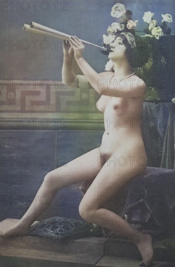Female nude from around 1899, erotic postcard, Playgirl, Naked woman playing flute, surrounded by flowers in antique style, coloured, reproduction from a photo around the turn of the century, historical, digitally restored reproduction of an old original, exact date unknown