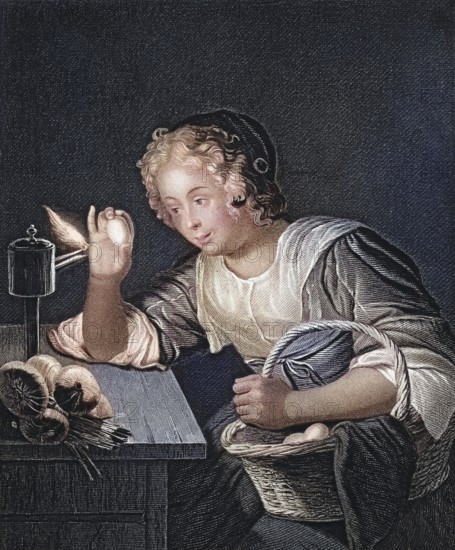 The egg test, child curiously examining a hen's egg illuminated by a candle in a dark room, after a painting by Godefried Schalken, digitally restored reproduction of an old original, historical, exact date unknown