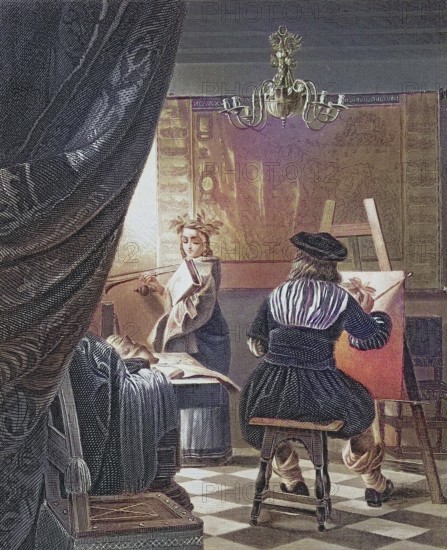 The painter's studio, Two artists in a studio, one paints on a canvas, surrounded by fabrics and a chandelier, after a painting by Jan van der Meer, digitally restored reproduction of an old original, Historical, exact date unknown