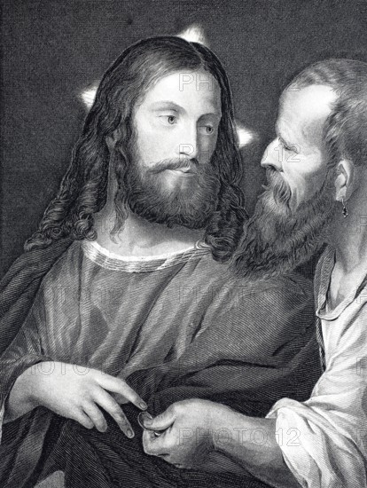 The interest coupon, Two bearded men in a conversation, one with stars in the background. Historical and religious in appearance, moneylender, after a painting by Titian, digitally restored reproduction of an old original, historical, exact date unknown