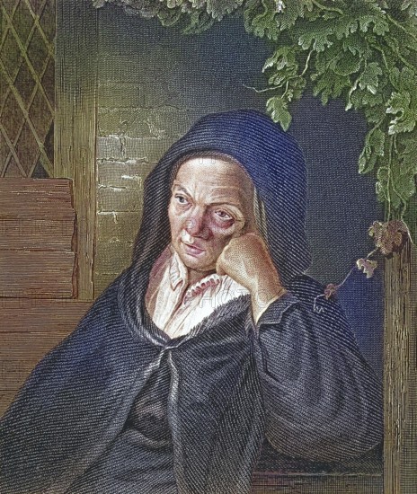 The mother of the painter Adriaen van Ostade, Pensive woman in a black headscarf, melancholic mood at the window, after a painting by himself, digitally restored reproduction of an old original, historical, exact date unknown