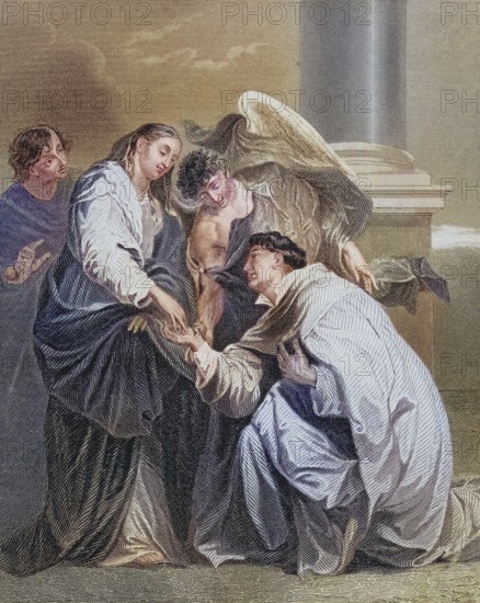 Mystic Hermann Joseph von Steinfeld (born around 1150 in Cologne, died 7 April 1241 or 1252 in Hoven Abbey near Zülpich) is a Catholic saint from the Premonstratensian Order, Vision of Blessed Hermann Joseph, 1630, after a painting by van Dyck, Emotional scene between angels and woman, embrace in historical surroundings, digitally restored reproduction of an old original, Historical, exact date unknown