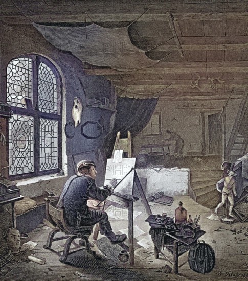 Adriaen Jansz. van Ostade (baptised in Haarlem on 10 December 1610, died there on 27 April 1685), Dutch painter and etcher in his studio, Artist at work in a studio, creative space with incident light, digitally restored reproduction of an old original, Historic, exact date unknown
