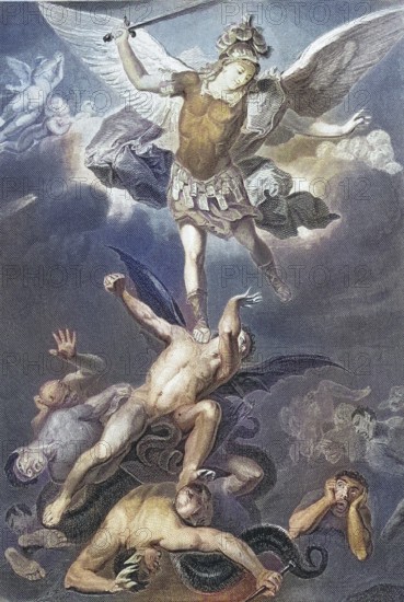 Satan's fall, 1655, The victory over hell by St Michael, Dramatic depiction of an angel fighting with swords, dynamic scene, Painting by Luca Giordano, Digitally restored reproduction of an old original, Historical, exact date unknown