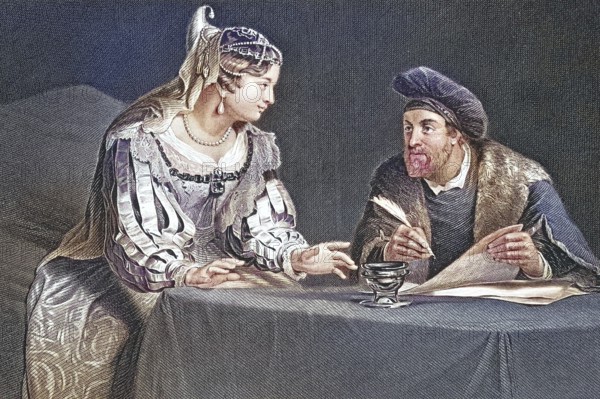 The legal proceedings, A couple in historical dress discussing a document, concentrated atmosphere, after a painting by Christoph Paudiss, digitally restored reproduction of an old original, historical, exact date unknown