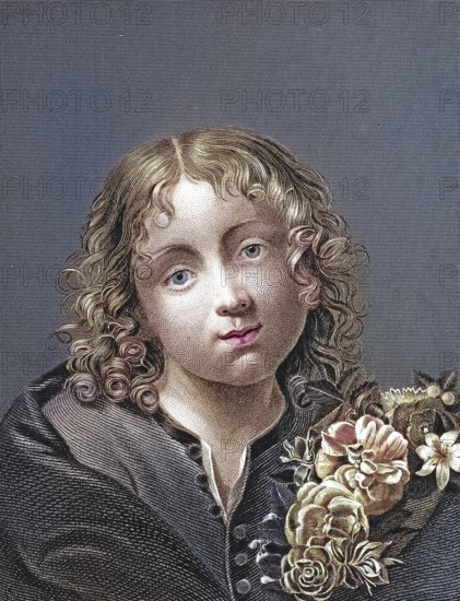 Jesus Christ as a boy, portrait of a child with curly hair and bouquet of flowers, gentle and dreamy atmosphere, after a painting by Carlo Dolci, digitally restored reproduction of an old original, historical, exact date unknown