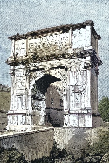 Arch of Titus, Arco di Tito, a single-gated triumphal arch on the Velia, a hill in Rome, Italy