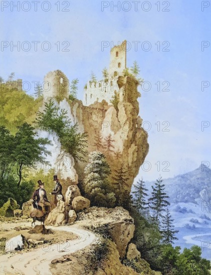 Neideck castle ruins around 1850, former high medieval aristocratic castle above the village of Streitberg, Franconian Switzerland, district of Forchheim, Upper Franconia, Bavaria, Germany, digitally enhanced reproduction from a 19th century original, coloured, historical, exact date unknown