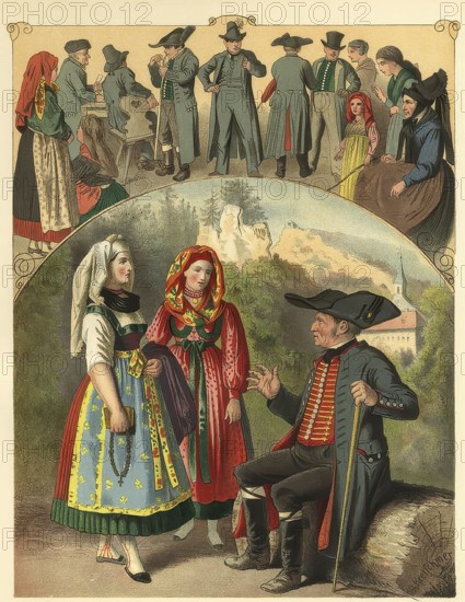 Traditional costumes from Franconian Switzerland, Upper Franconia, Bavaria, Germany, digitally enhanced reproduction from a 19th century original, coloured, historical, exact date unknown