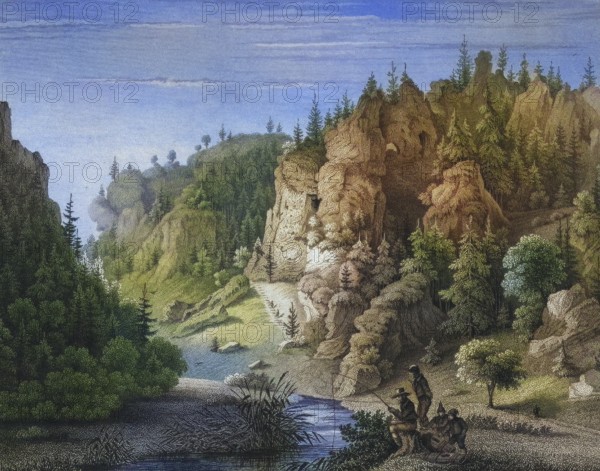 The Riesenburg, natural karst cave ruin near Engelhardsberg, Franconian Switzerland, district of Forchheim, Upper Franconia, Bavaria, Germany, digitally enhanced reproduction from a 19th century original, coloured, historical, exact date unknown