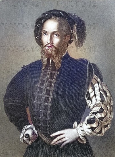 Cesare Borgia (born 13 September 1475 in Rome or Subiaco, died 12 March 1507 near Viana, Navarre), 1st Duke of Valentinois, il Valentino and Romagna, Prince of Andria and Venafro, Count of Diois, Lord of Piombino, Camerino and Urbino