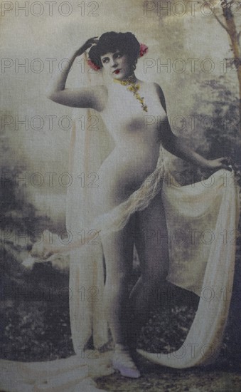 Female nude from around 1899, erotic postcard, Playgirl, Half-naked woman with fabric and flowers in her hair posing in a nostalgic scene, coloured, reproduction from a photo around the turn of the century, Historical, digitally restored reproduction of an old original, exact date unknown