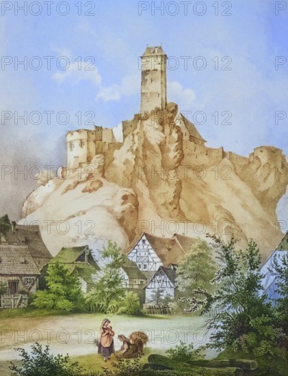 Veldenstein Castle, medieval hilltop castle, around 1850, near Neuhaus an der Pegnitz, Franconian Switzerland, Nuremberg region, Middle Franconia, Bavaria, Germany, digitally enhanced reproduction from a 19th century original, coloured, historical, exact date unknown