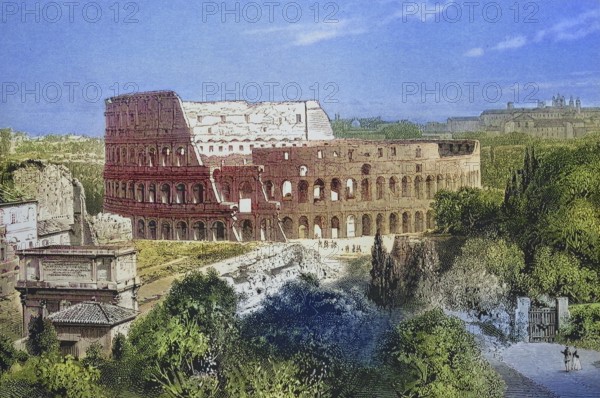 Colosseum, Amphitheatrum Novum or Amphitheatrum Flavium, the largest of the amphitheatres built in ancient Rome, around 1850, Italy