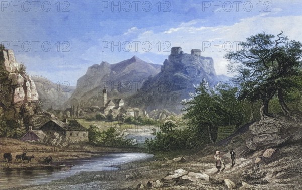Castle and town of Pottenstein, climatic health resort, Franconian Switzerland, around 1850, district of Bayreuth, Upper Franconia, Bavaria, Germany, digitally enhanced reproduction from a 19th century original, coloured, historical, exact date unknown
