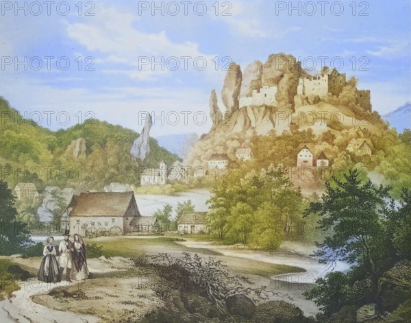 Streitberg Castle and town, climatic health resort, Franconian Switzerland, around 1850, district of Forchheim, Upper Franconia, Bavaria, Germany, digitally enhanced reproduction from a 19th century original, coloured, historical, exact date unknown