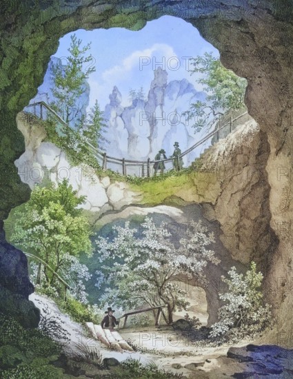 The Riesenburg, natural karst cave ruin near Engelhardsberg, Franconian Switzerland, district of Forchheim, Upper Franconia, Bavaria, Germany, digitally enhanced reproduction from a 19th century original, coloured, historical, exact date unknown