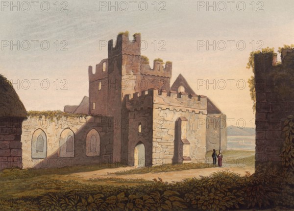 The cathedral at Peel Castle, ruined castle in Peel on the British Isle of Man, originally built by the Vikings, around 1850, after a painting by Theodore Henry Adolphus Fielding, digitally enhanced reproduction, historical, exact date unknown