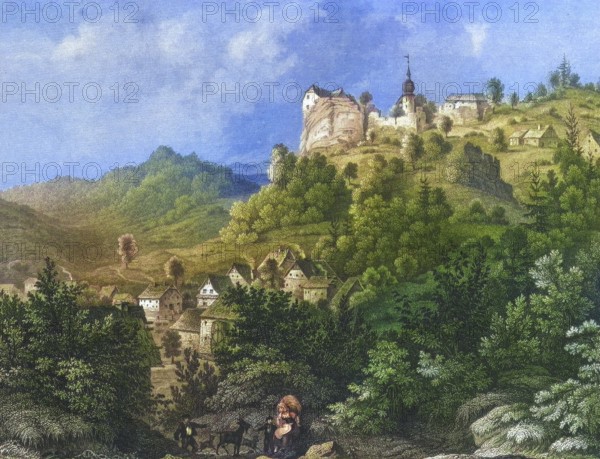 Wüstenstein Castle, Franconian Switzerland, around 1850, district of Forchheim, Upper Franconia, Bavaria, Germany, digitally enhanced reproduction from a 19th century original, coloured, historical, exact date unknown