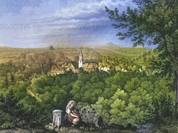 City of Gräfenberg, around 1855, Franconian Switzerland, district of Forchheim, Upper Franconia, Bavaria, Germany, Europe, Upper Franconia, region, district, Upper Franconian, Upper Franconian, Upper Franconian district, administrative district, Bavaria, Bavarian, Bavarian, Bavarian, Bavarian, German, German, German, German, travel, travel photography, travel, creative, digitally enhanced reproduction from a 19th century original, coloured, historical, exact date unknown