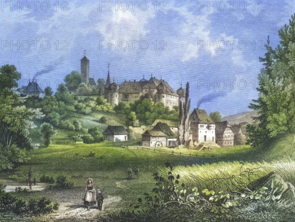 Burg Aufseß, Aufsess, Schloss Oberaufseß, Oberaufsess, around 1850, Franconian Switzerland, Bayreuth district, Upper Franconia, Bavaria, Germany, digitally enhanced reproduction from a 19th century original, coloured, historical, exact date unknown