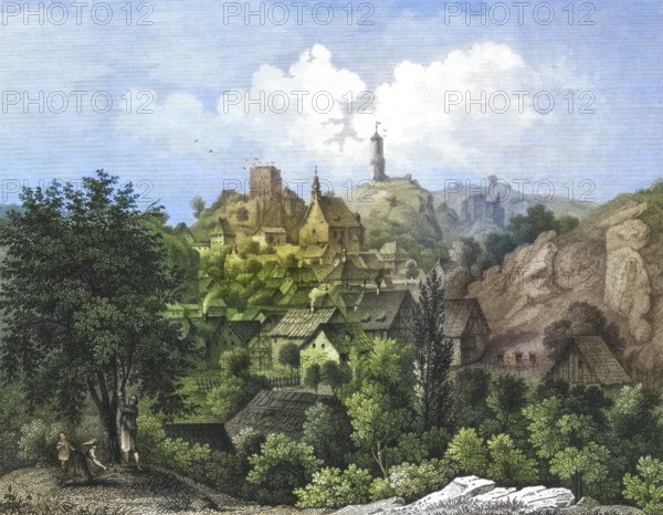 Town and castle ruins of Waischenfeld, around 1850, climatic health resort, Franconian Switzerland, district of Bayreuth, Upper Franconia, Bavaria, Germany, digitally enhanced reproduction from a 19th century original, coloured, historical, exact date unknown