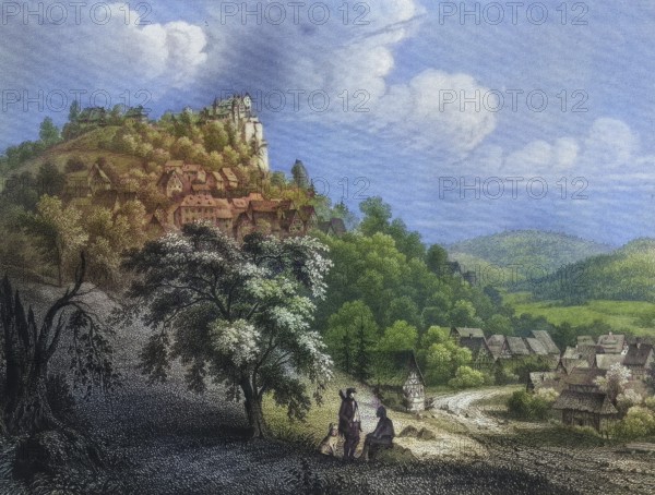 Eggloffstein castle and town around 1850, climatic health resort, Franconian Switzerland, district of Forchheim, Upper Franconia, Bavaria, Germany, digitally enhanced reproduction from a 19th century original, coloured, historical, exact date unknown
