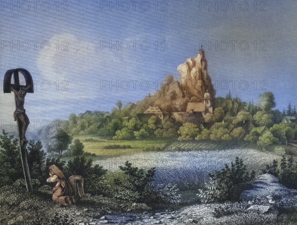 Place Wichsenstein, Franconian Switzerland, around 1850, in the foreground woman praying in front of a crucifix, district Forchheim, Upper Franconia, Bavaria, Germany, digitally enhanced reproduction from a 19th century original, coloured, historical, exact date unknown